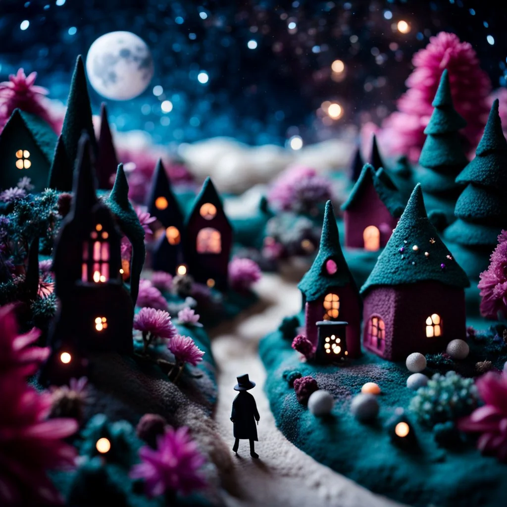 Detailed people, street made of modeling clay and felt, village, stars, galaxy and fog, planets, moon, volumetric light flowers, naïve, strong texture, extreme detail, Yves Tanguy, decal, rich moody colors, sparkles, Harry Potter, bokeh, odd, shot on Ilford