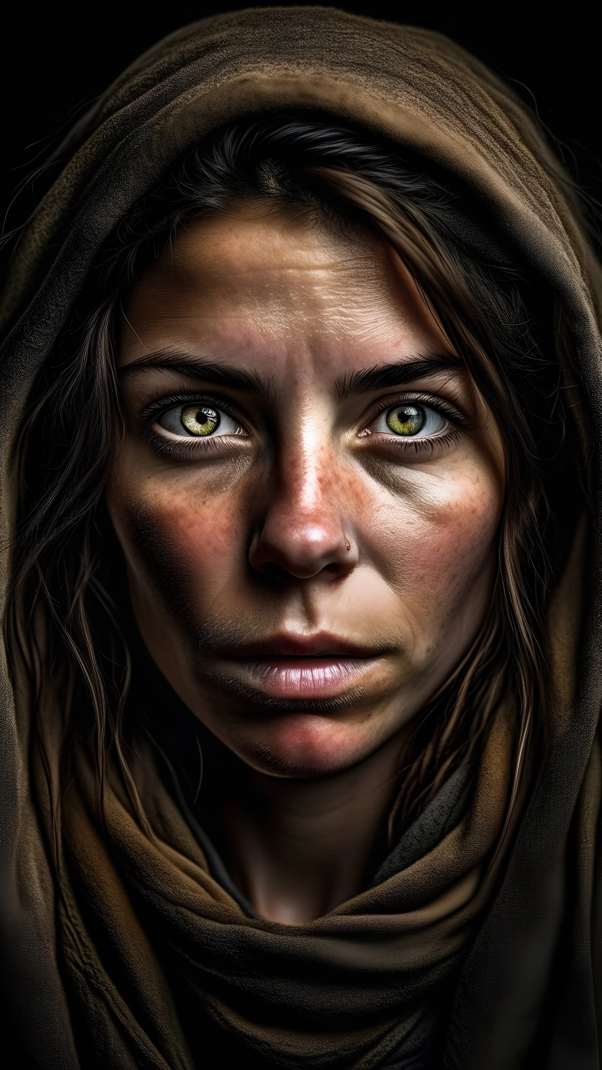 a photorealistic portrait of a stunningly beautiful woman without make-up, extremely detailed light hazel eyes, detailed symmetric realistic face, natural skin texture, extremely detailed skin with skin pores, peach fuzz, messy hair, wearing shawl over her head, masterpiece, absurdres, award winning photo by lee jeffries, nikon d850 film stock photograph, kodak portra 400 camera f1.6 lens, extremely detailed, amazing, fine detail, rich colors, hyper realistic lifelike texture, dramatic lighting,