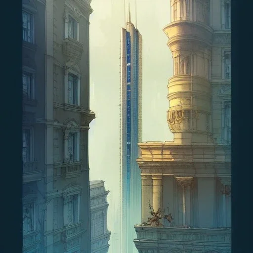 A Neoclassical Skyscraper mixed with moder glass skyscrapers+detailed facades+Book illustration by Gediminas Pranckevičius, Jean Baptiste Monge, Brian Kesinger, Anton fadeev, Kilian Eng, strong lines, high contrast vibrant colors, highly detailed, 16k resolution, trending on behance