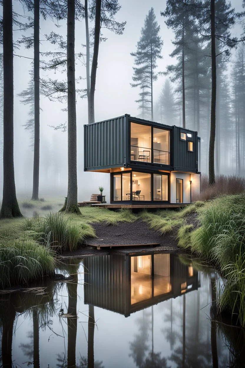 Modern style container home surrounded by a foggy bog. Photograph.