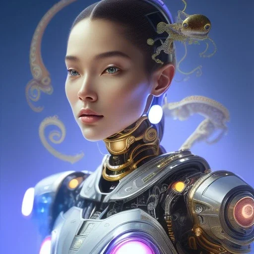 cosmos masterpiece, humanoid sexy cyborg robot with octopus hands, sango fantasy, fantasy magic, sharp focus, illustration, highly detailed, digital painting, concept art, matte, artgerm and paul lewin and kehinde wiley, full figure, fit in board, cyber punk, pretty accurate hands face fingers, natural aye, fit within portrait