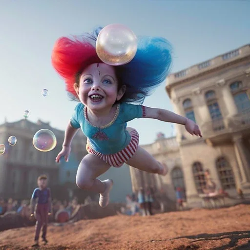 Ultra realistic circus scene. Sweet big hair monster flying. Child’s playing, smile, happy, color bubbles, smooth color, waist up view, Wes Anderson style, a lot of people background, highly detailed, concept art, unreal engine 5, god rays, ray tracing, RTX, lumen lighting, ultra detail, volumetric lighting, 3d, finely drawn, high definition, high resolution.