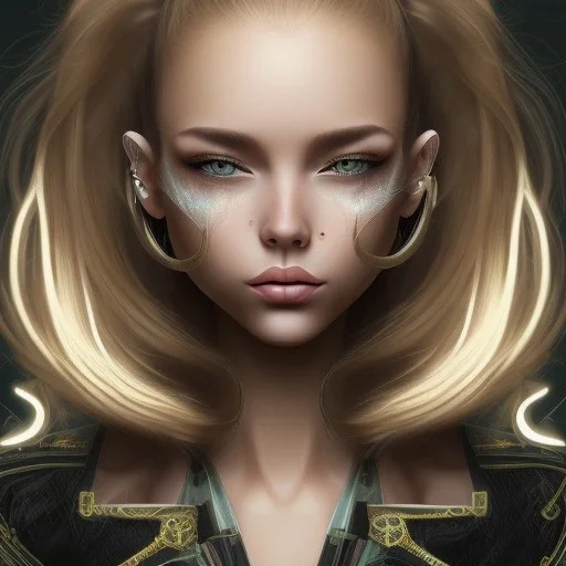 a young woman with a light skin tone, long brown (sometimes green-tinted) hair that reaches down her knees with dirty blonde colored bangs that flow down to her thighs on either side, dark gold cat-like eyes and a small hooked nose