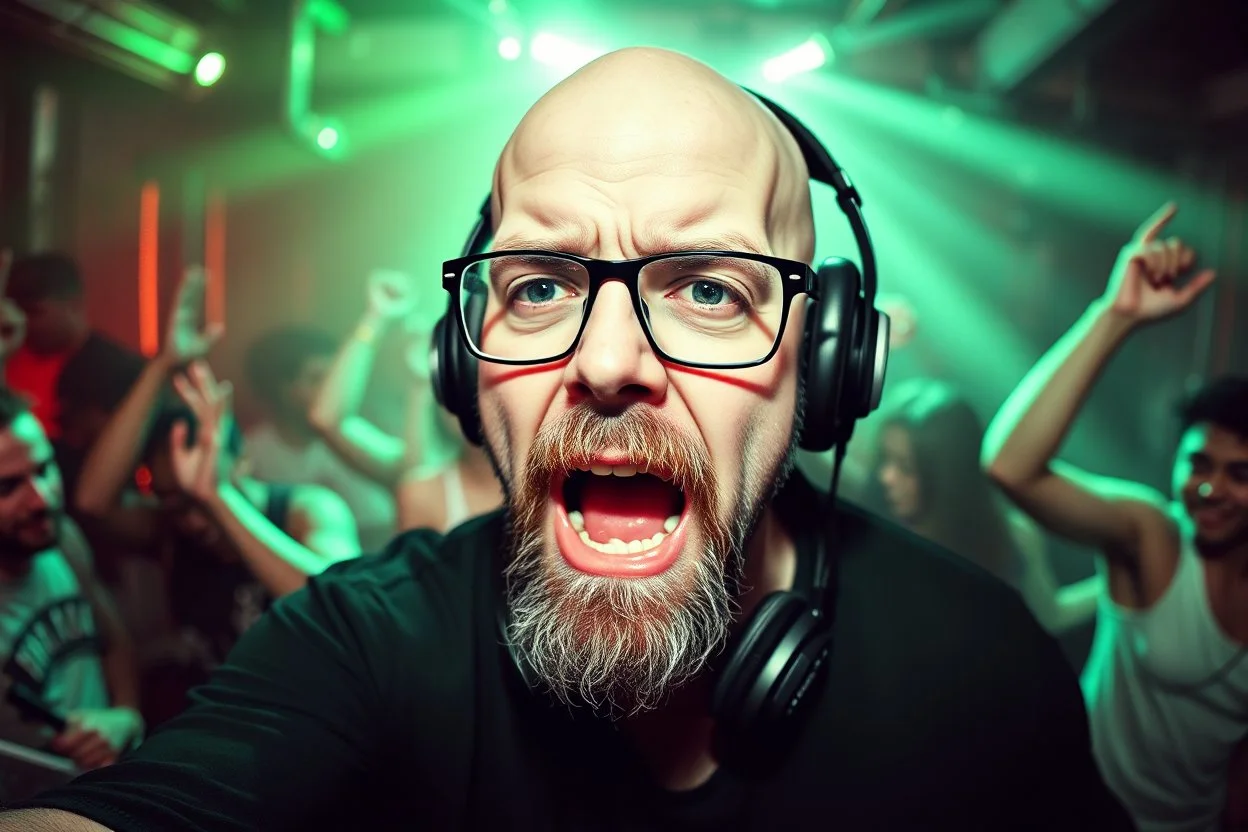 en manlig (breaking bad lookalike) skallig och goatee och glasögon, (ansat skägg) DJ (med hörlurar) som sjunger nära in i kameran, väldigt exalterad, och folk som dansar våldsamt i backgrunden på ett techno disco, svartvit bild, prodigy trash style