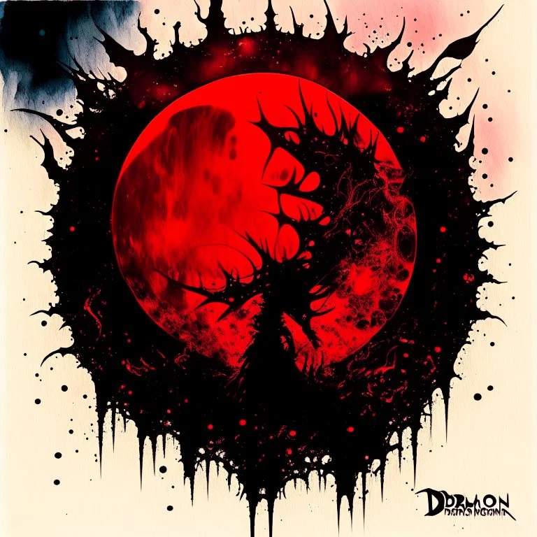 Dagon, Called through lunar spheres Great dreamer malevolent royalties, Album cover (text "SULPHUR AEON" in spikey Death_Metal font1.7), Kirby Krackle, dramatic double exposure silhouette, Lovecraftian, watercolor and ink, airbrushed details, complex contrast, UV reactive red hues, dynamic composition, macabre, by Dave McKean and Aeron Alfrey