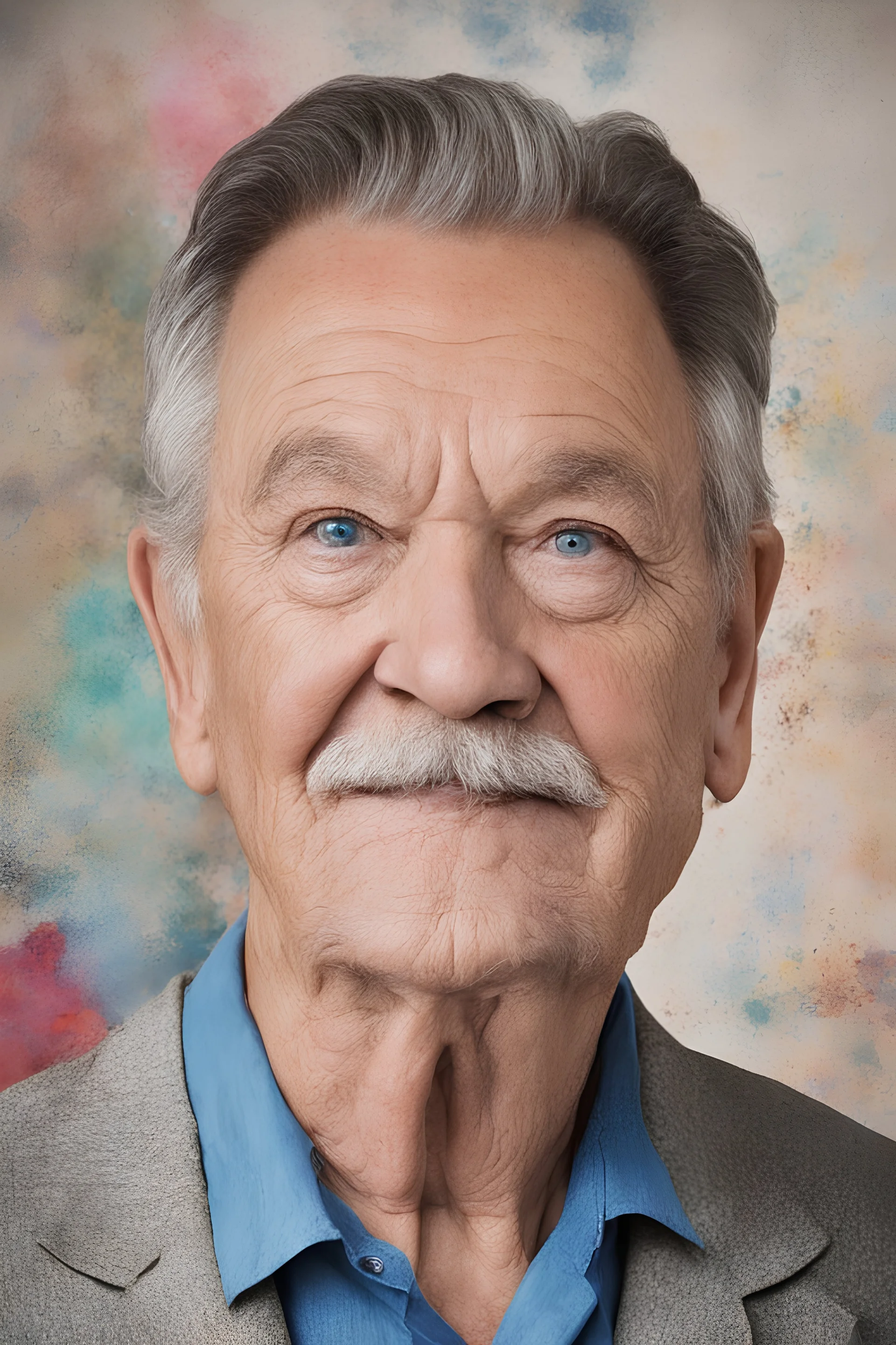 facial portrait, 78-years-old, overweight, wide set blue eyes, large, curved down nose, big lips, square jawline, bushy eyebrows, shoulder length, dark brown hair, gray sideburns, goatee, a bright, extremely colorfull professiona quality digital photograph, multicolored watercolor stained wall in the background