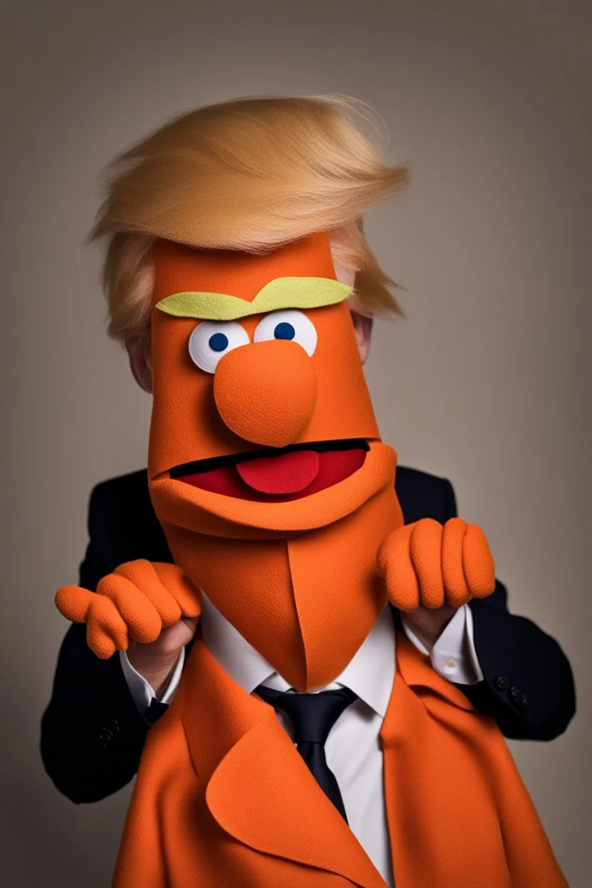 angry Donald Trump as an angry muppet puppet made out of orange felt fabric from sesame street show, his mouth is a circle