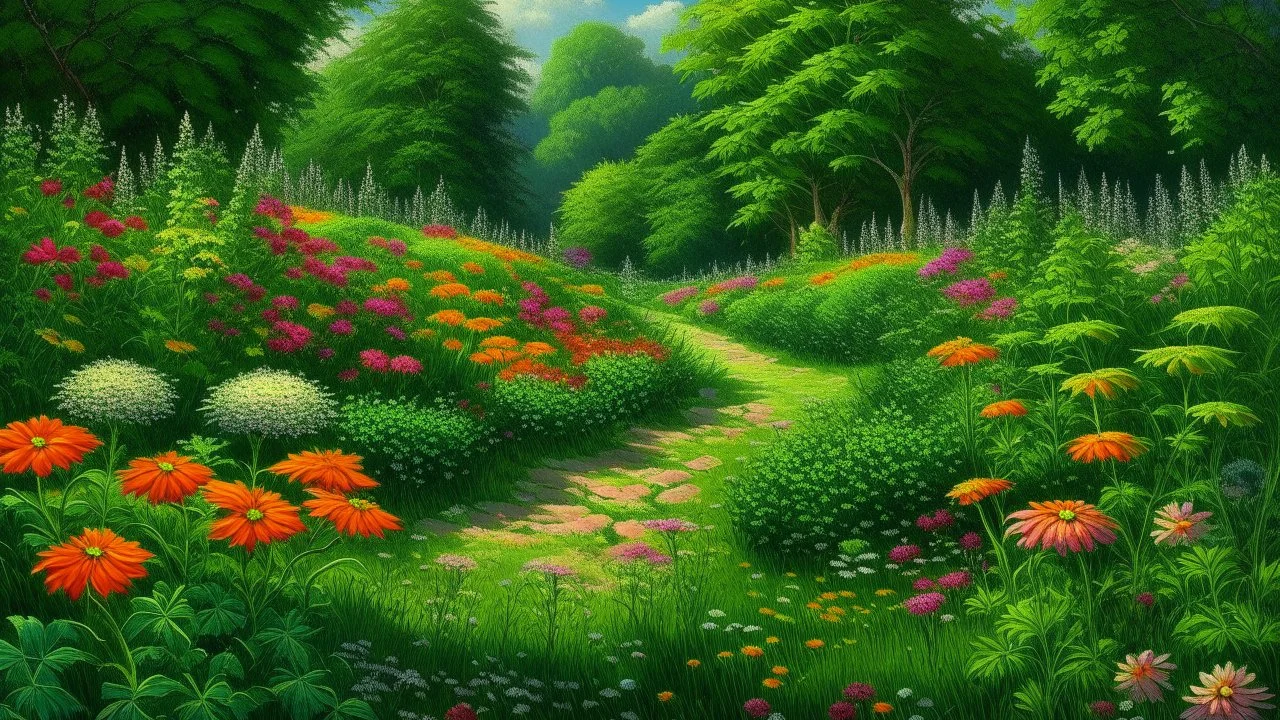 A green garden filled with flowers painted by Frank Wilson