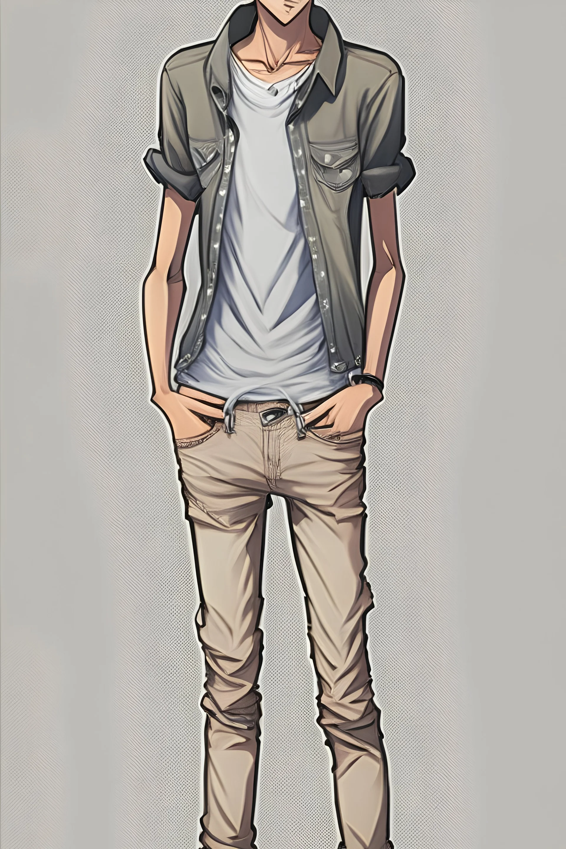 Teen man, black hair, perfect face, style of tomer hanuka, jeans, leather jacket, pompadour. standing, full body