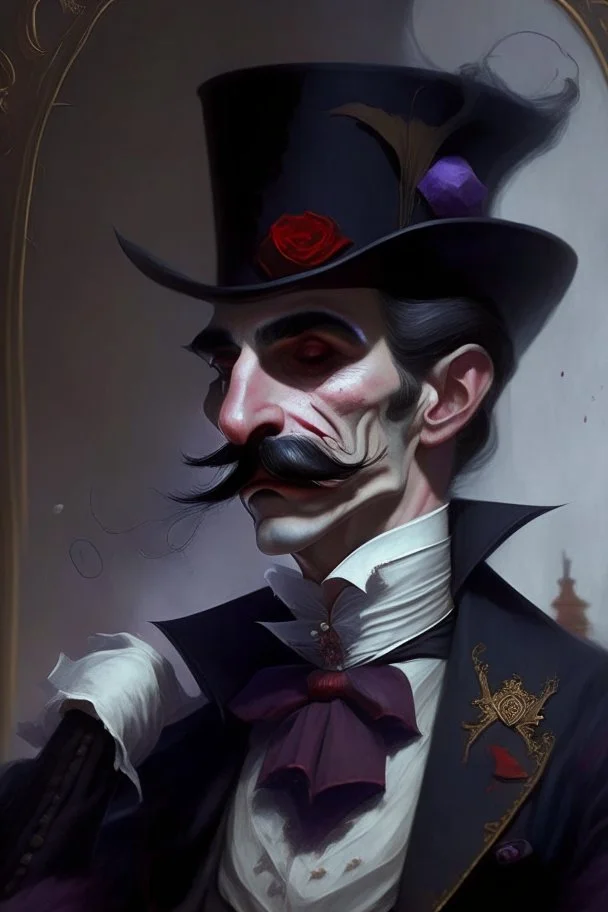 Strahd von Zarovich with a handlebar mustache wearing a top hat dreaming of hugging a Harengon