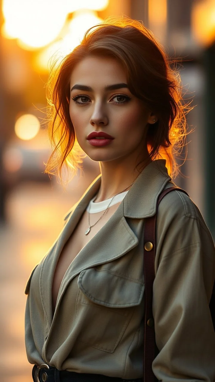 Create an ultra-realistic cinematic 8K fullbody of the person in this photo. Keep the face — same facial features, skin texture, add makeup. Style: fashion editorial, confident pose. Lighting: warm golden hour sunlight, soft rim light. Background: softly blurred urban bokeh. Camera look: shallow depth of field, film grain, cinematic color grade. Outfit: keep similar to the original or elevate slightly with premium casual style.