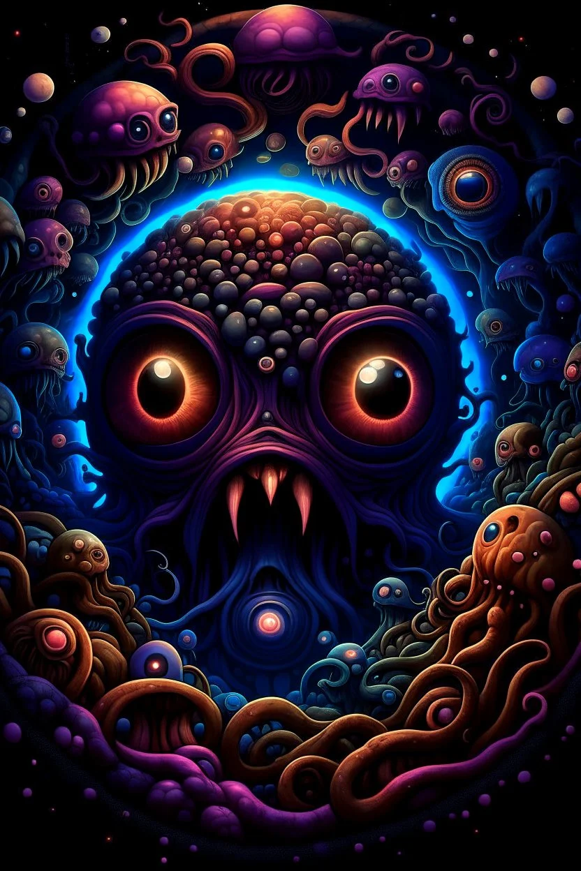 Looking into a black hole, hundreds of huge mushroom-shaped creatures with massive mouths, faceted eyes and tentacles.