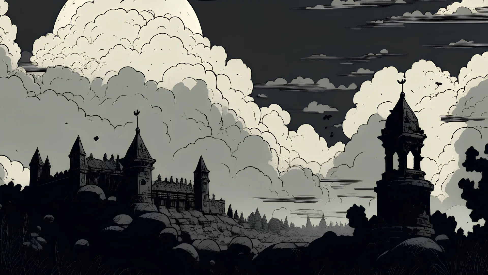 eerie cloud with graveyard in the background in the art style of mike mignola