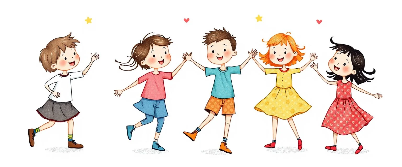 whimsical illustration of children playing and dancing. children's book style, on a white background