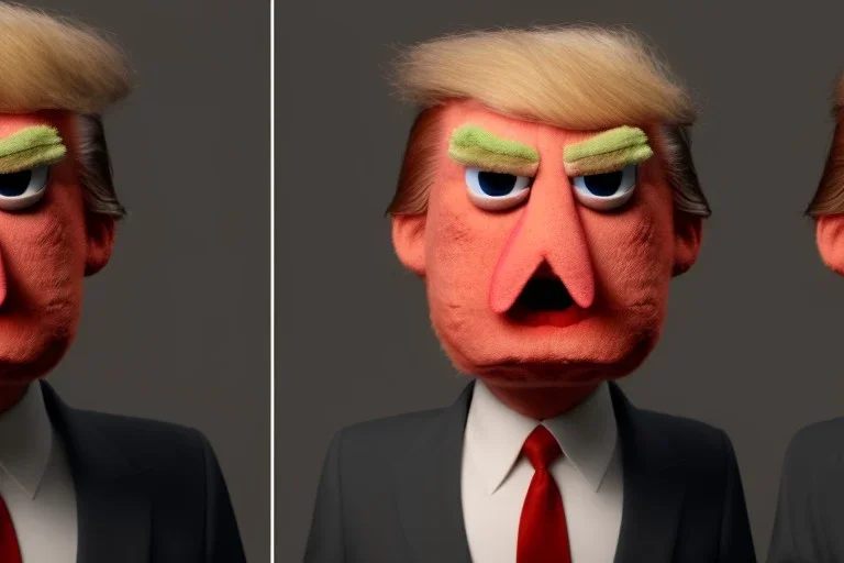 Angry muppet trump, round nose, in suit, eyebrows, spray tan mad red