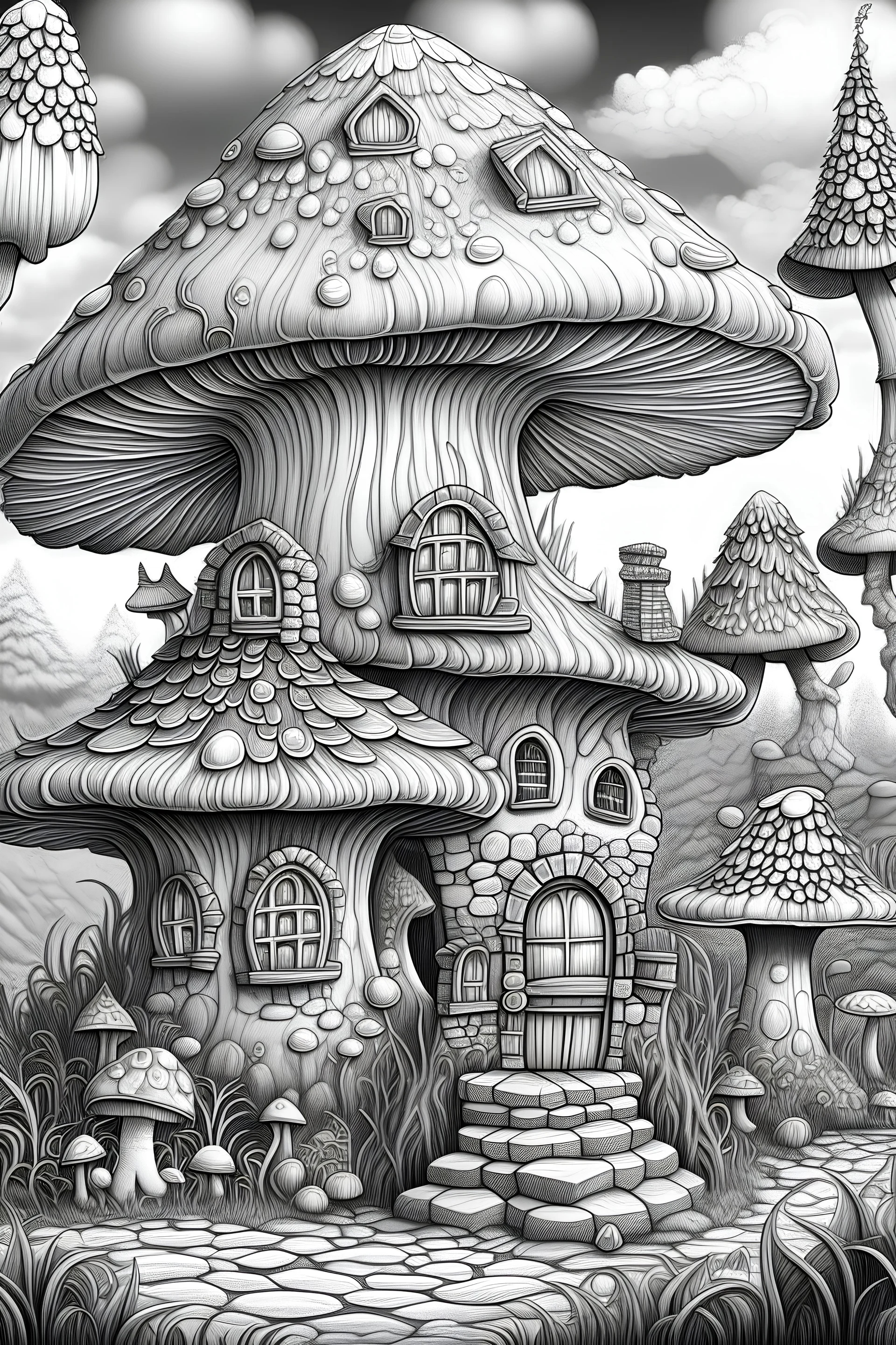 MANDELA STYLE .Mushroom houses Coloring Book for Adults and Kids, Instant Download, Grayscale Coloring Book