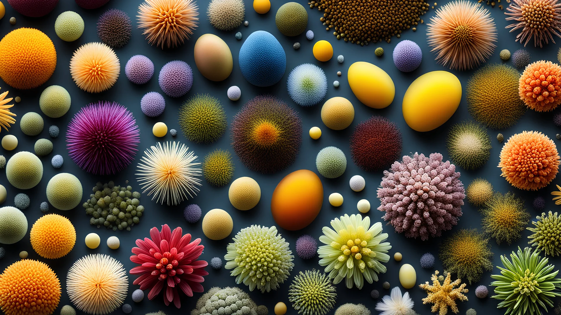 A high-resolution image of various pollen grains from different plant species. The photomicrograph shows the diverse shapes, sizes, colours and surface textures of the pollen, each grain appearing like a tiny, alien artifact. Beautiful award-winning photograph, inspiring, rule of thirds, balanced delightful composition, perfect lighting, superb detail, 16k render