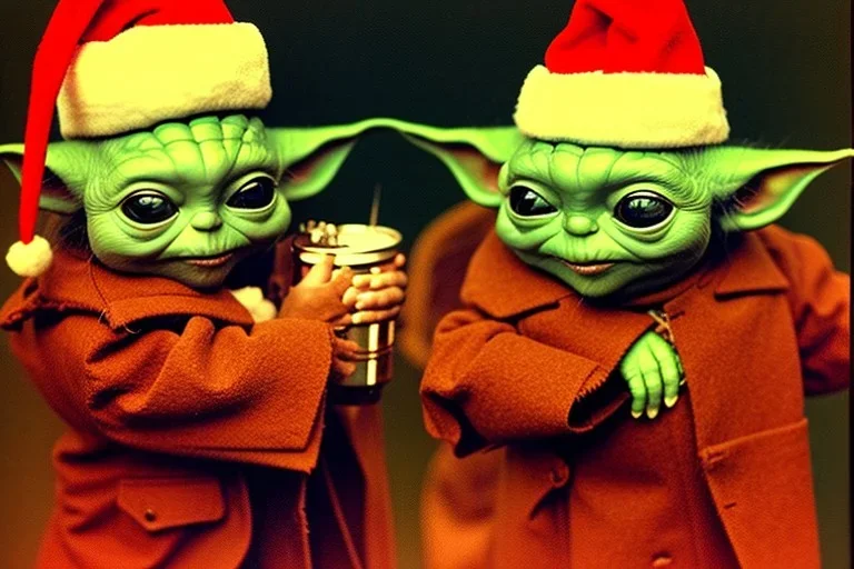  one baby Yoda wearing a Christmas hat in a jazz club. 1960's photo real