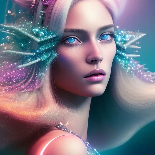 white woman glitter long blond hair blue eyes in a galactic ambiance, delicate colors in the foreground, full of details, smooth, light effect，vaporwave colorful, smooth, extremely sharp detail, finely tuned detail, ultra high definition, 8 k, unreal engine 5, ultra sharp focus