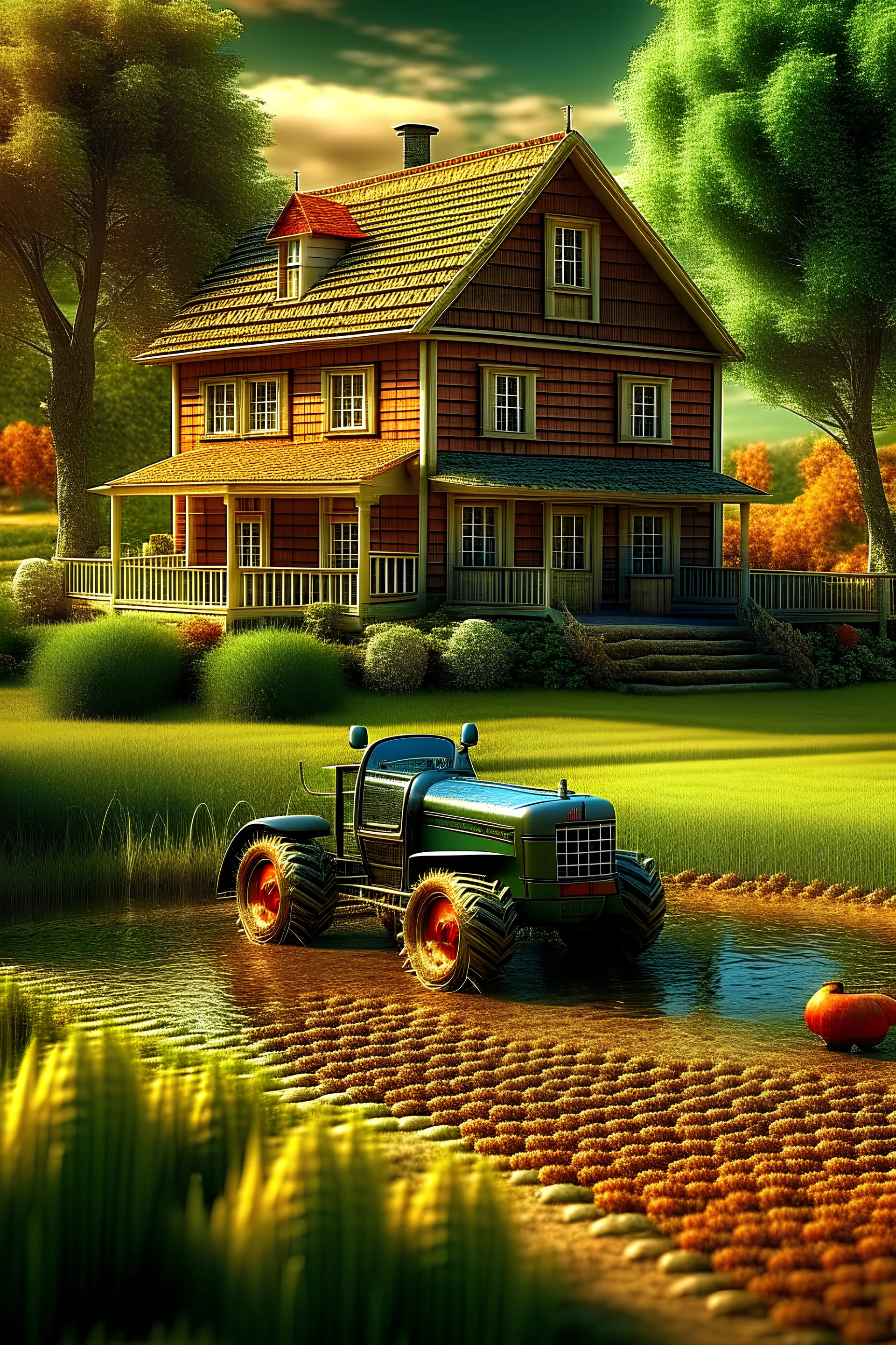 wiejski ozdobiony domek, rzeka, za domkiem las, drogą jedzie traktor ze słomą z rolnikiem, fotografia makro, bardzo drobne szczegóły, renderowanie cyfrowe., ultra HD, realistyczny, żywe kolory, bardzo szczegółowy, , idealna kompozycja, piękne, szczegółowe,