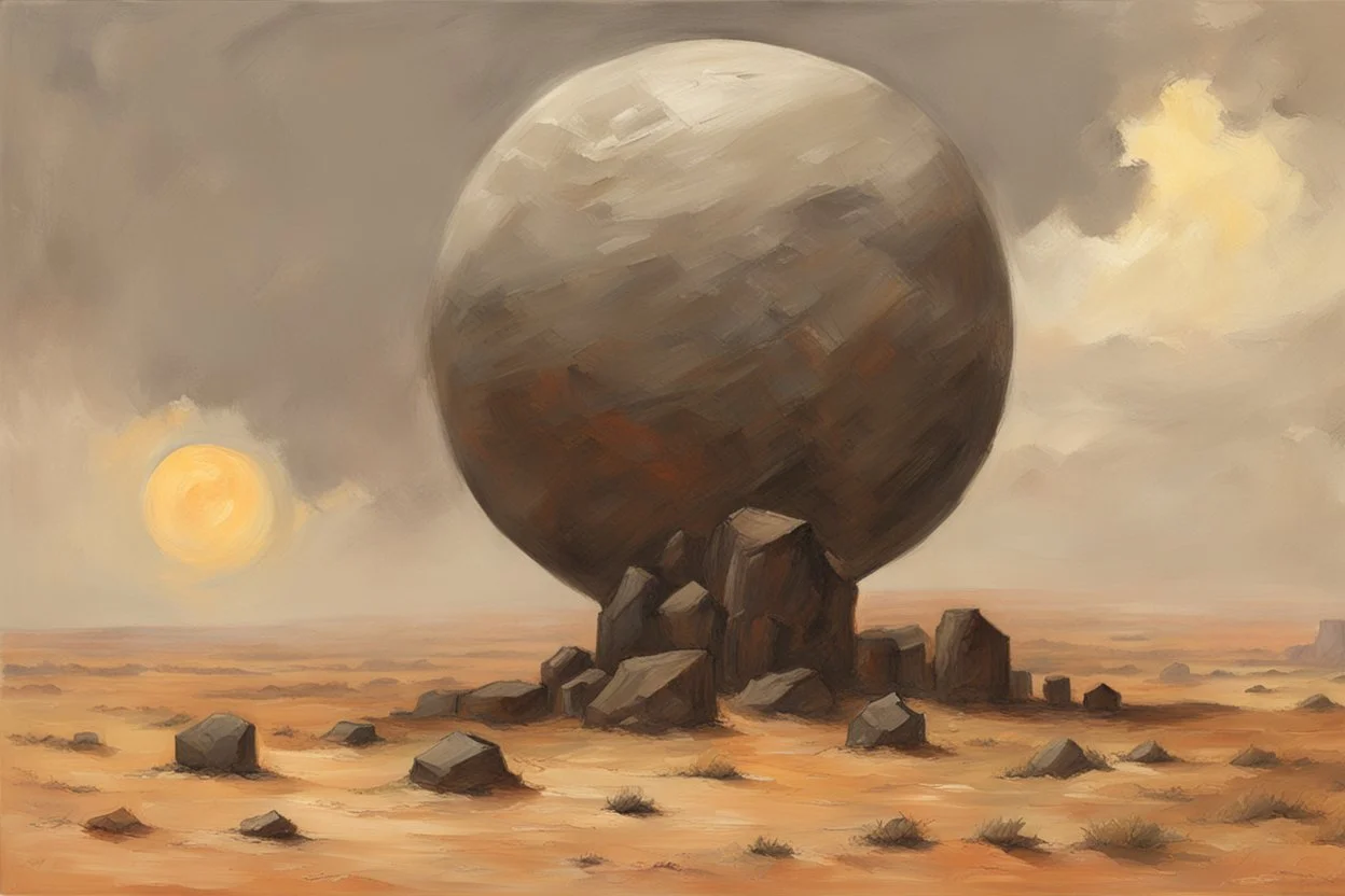 Grey sky, planet in the sky, rocks, cliffs, rocky arid land, 90's sci-fi movies influence, rodolphe wytsman and wilfrid de glehn impressionism paintings