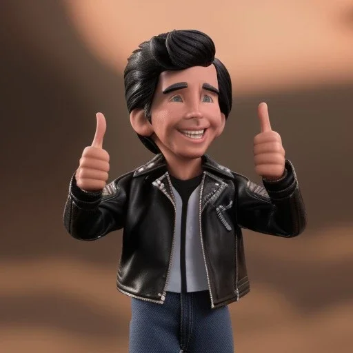 wide view young Fonz with black hair greaser figure doll 1976 (thumbs-up) (face) Forehead grin, fonzarelli, ((arnold's drive-in)) fonziE fonz