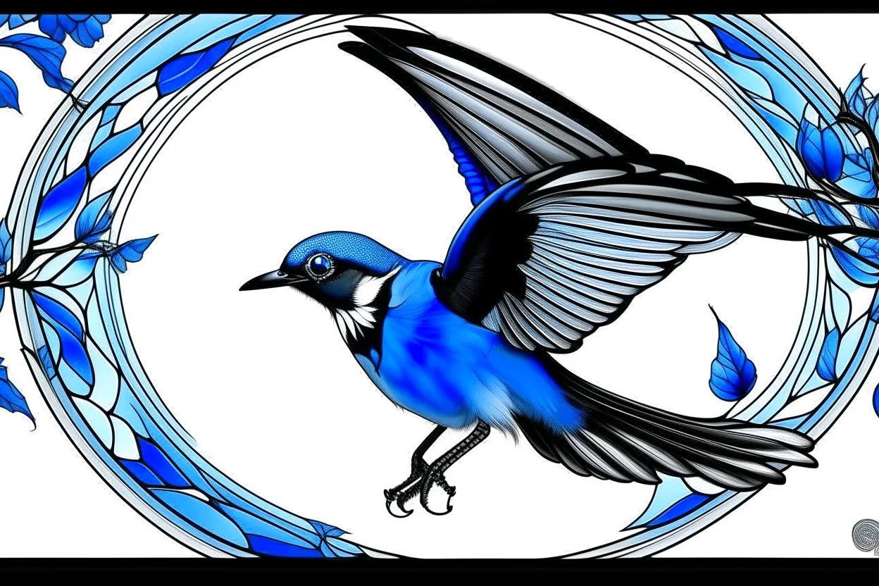 vitrail d'un geai bleu ailes déployées art déco d'après mucha