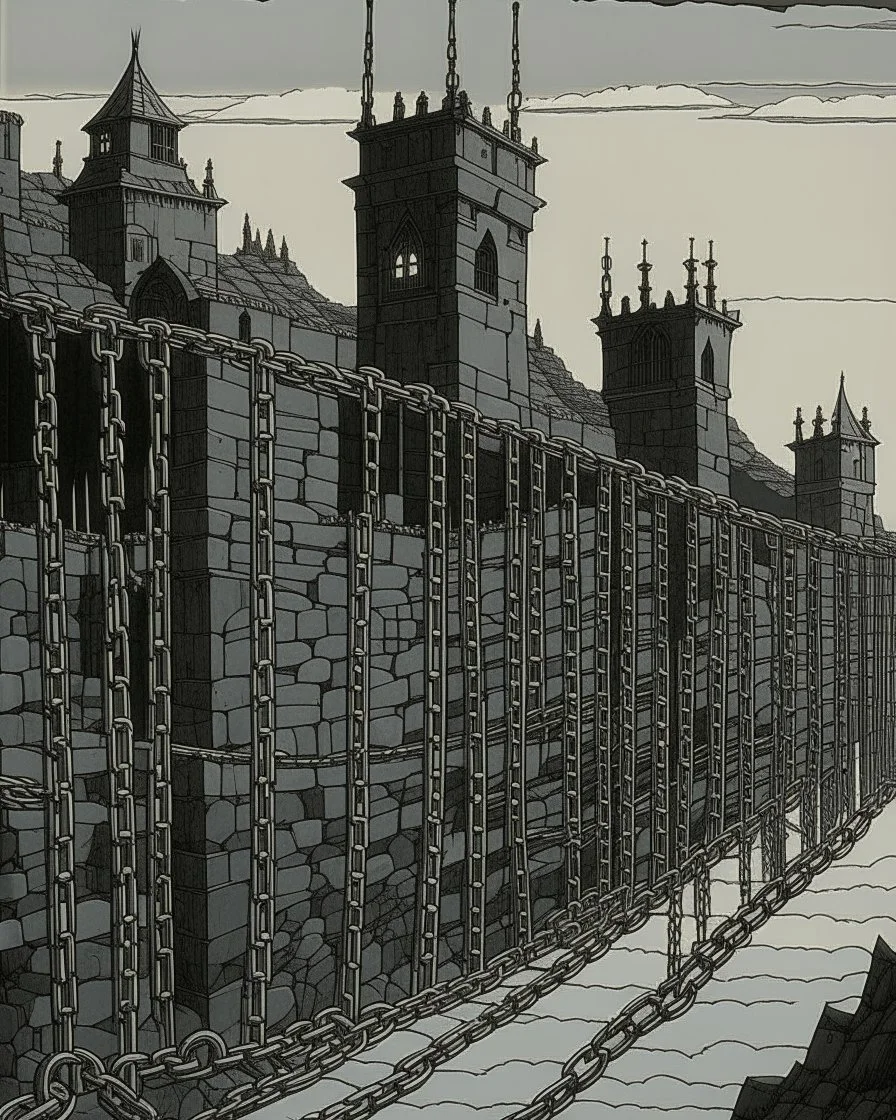 A black fortress with a dungeon filled with chains painted by John Brack