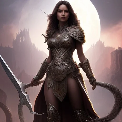 fantasy setting, insanely detailed, dark-skinned woman, indian, black wavy hair, warrior