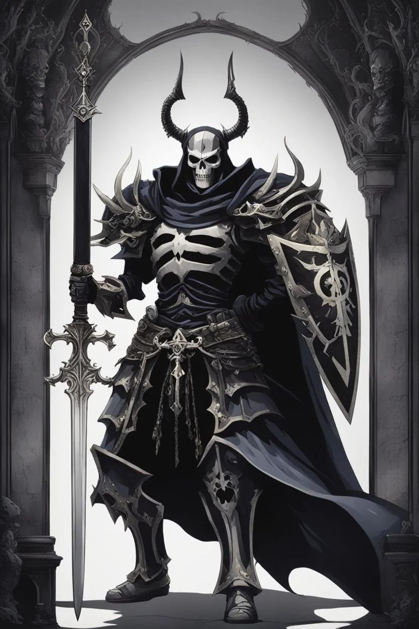 a demonic looking man with a sword in his hand, undead skeleton king, dark souls, skeleton king, overlord season 4, ainz ooal gown, prince crown of black gears, the king of death, king of time reaper, overlord, lich vecna (d&d), dark and forboding, from overlord, scary knight, large black smile Overlord