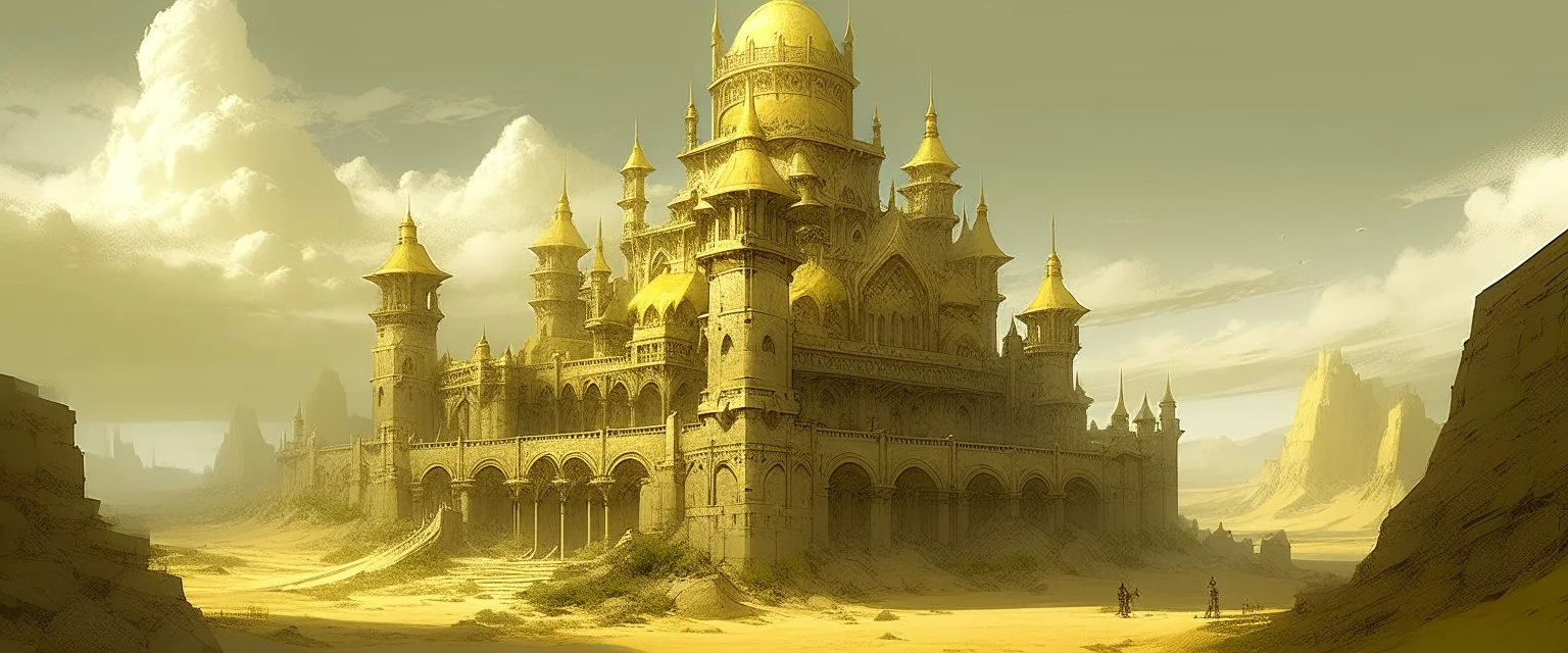 A grayish yellow sunlight castle in a desert designed in Mayan architecture painted by Zhang Lu