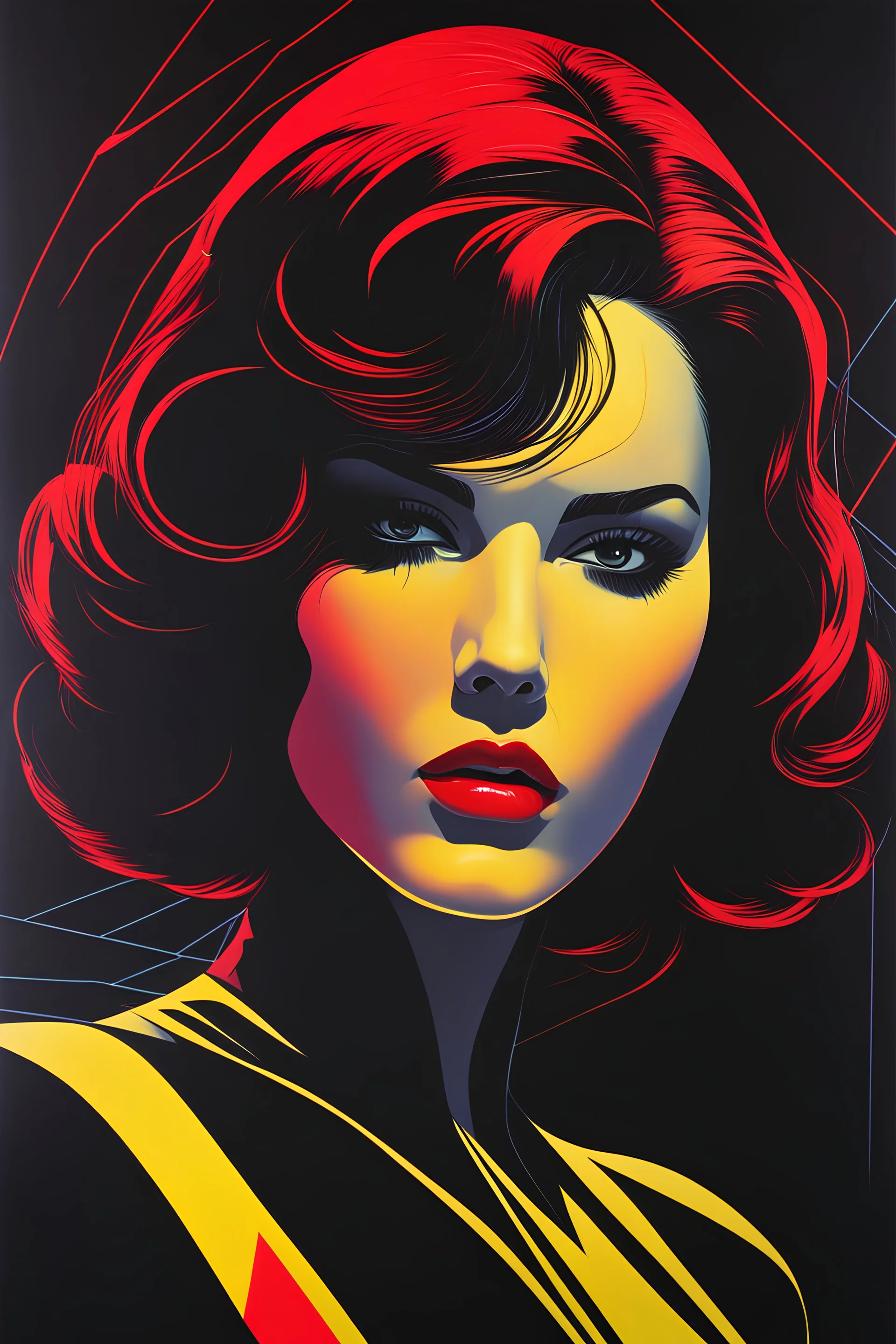 Black widow spider surrounding a head down woman face. Misty black, red to yellow, Italian Giallo movie thriller poster. Dark mood, Oil neon painting- Saul Bass ((70's horror poster)), Patrick Nagel, synthwave, Photo realistic.