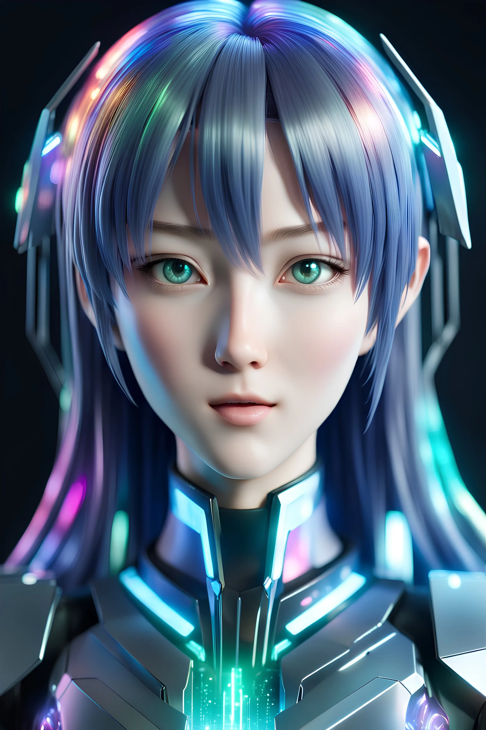 highly detailed and ultra realistic hologram of an anime character, realistic look, futuristic matric data display with colors, and striking,