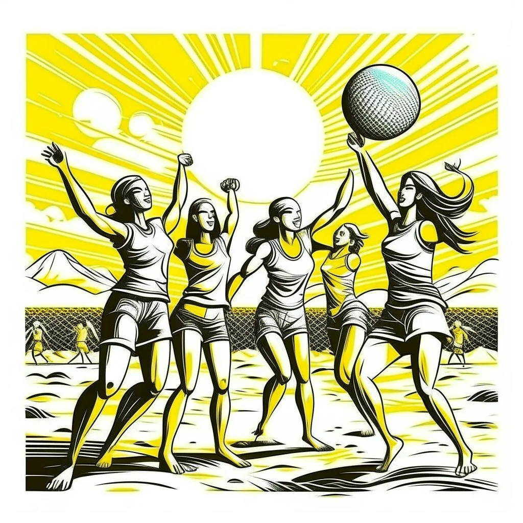 A group of friends playing beach volleyball, energetic, dynamic, midday sun lighting, T-shirt design graphic, vector, contour, white background