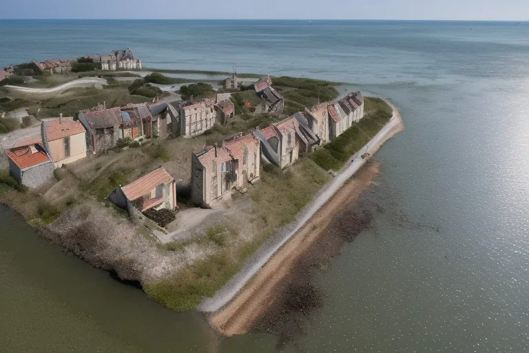 a modern village on a small island on the coast of France. The village is beeing flooded slowly by the sea rising. Some house are abandoned but most people stayed in the village.