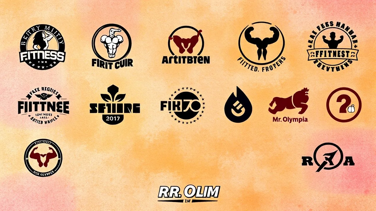 A background suitable for a fitness club with an amazing color theme with several famous fitness logos, bodybuilding logos, and the Mr. Olympia logo at the bottom of the image.