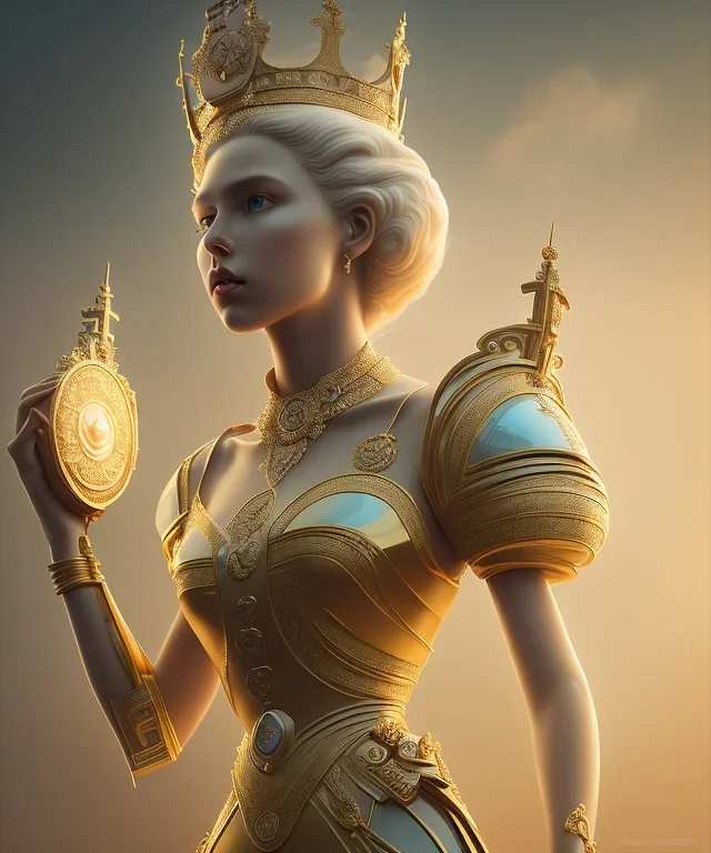 Statue of Queen of photography holding camera in hands. Cute blonde woman. Photographer in golden crown. Standing on the street. Big camera in her hand. hyperdetailed, photorealistic, trending on artstation, greg rutkowski, beksinski, kodachrome, volumetric lighting, gold and cyan