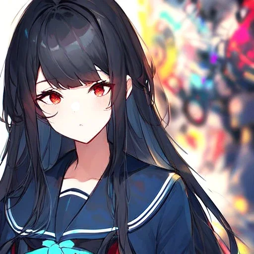 Clear focus, High resolution, long black fluffy hair, red eyes, chopped bangs, wearing a sailor uniform, wearing a sailor skirt, colorful, hollywood, female, no outlines, extreme close up, rough line sketch