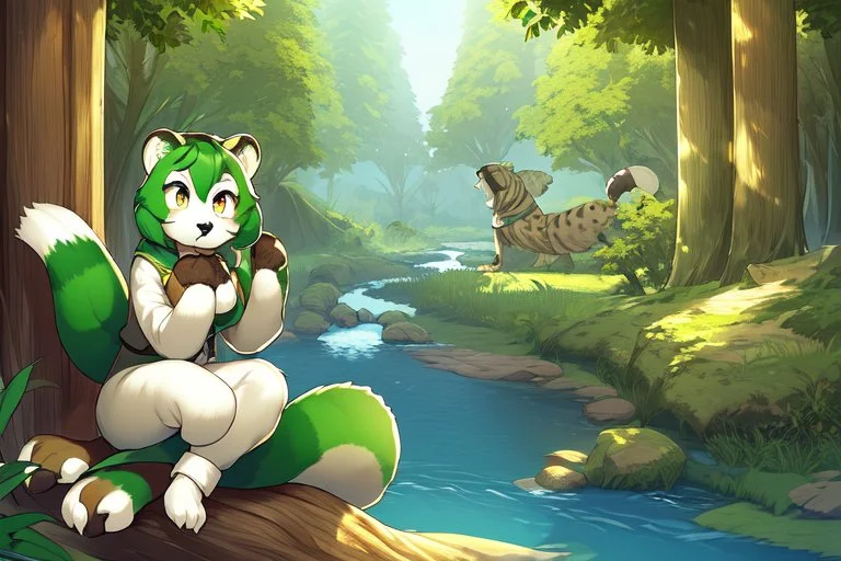 Girl, green hair, raccoon tail, raccoon paws in hand, raccoon paws in foot, forest, river, sit on tree, coat on neck, with tongue out, big tail, furry