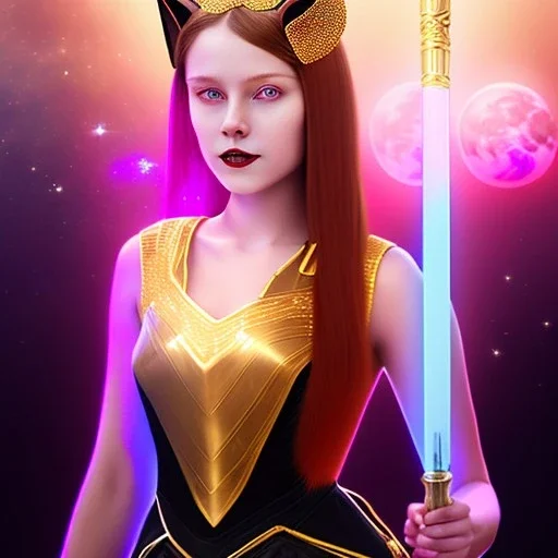 Attractive young teenage girl with golden fire red hair wearing a galactic tiara, who is dressed like a witch casting a spell holding a quarterstaff, she has cat ears and open dazzling blue eyes, background is realistic space with a moon, the girl is on a planet, black space girl dress, full body portrait, arm colors gradient effect into stars, rendered, unity 3d, unreal engine, dslr, hdr, 4k, edited, photorealistic, normal number of appendages, freckles, artists render