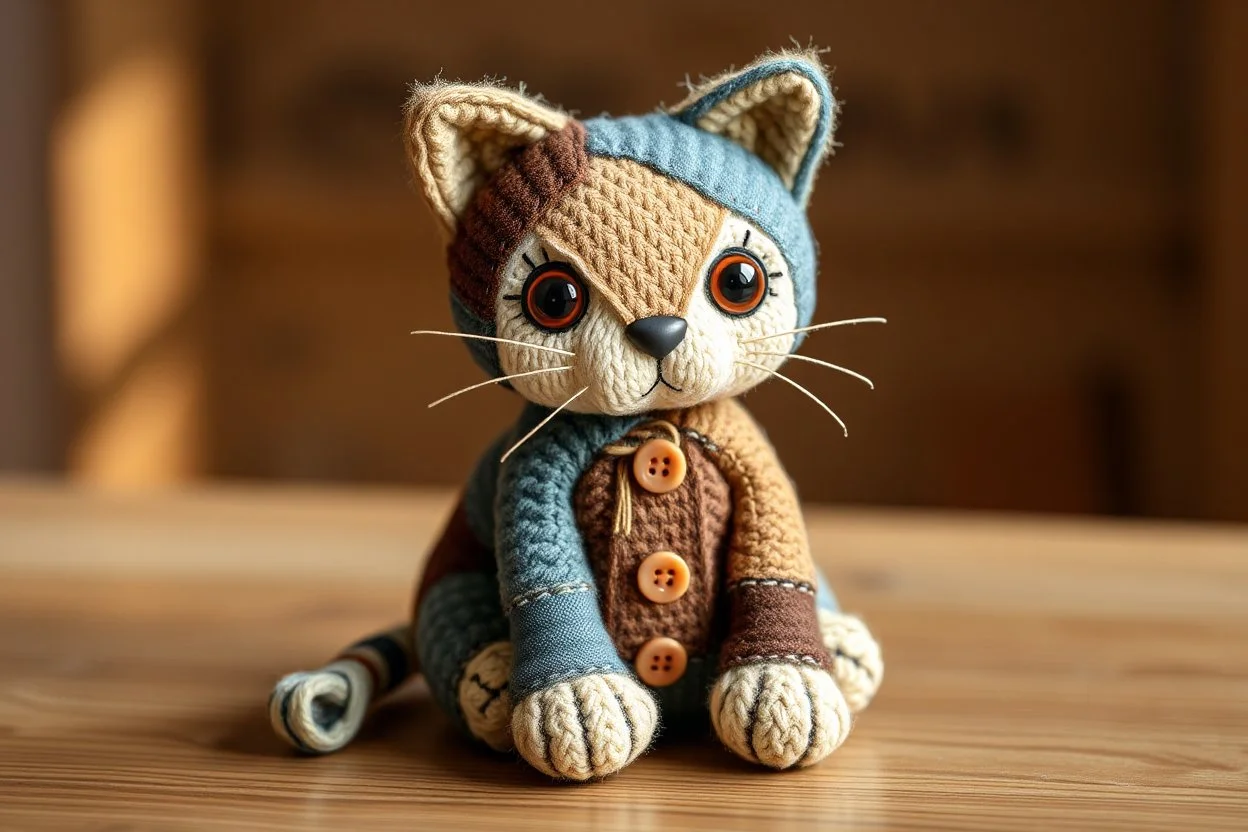 create a handcrafted patchwork cat toy sitting calmly on a wooden surface. The cat is made from textured fabrics like soft tan crochet, worn blue denim, brown corduroy, and stitched wool. Visible seams connect the fabric pieces, with small buttons as decorative accents on the ears and paws. The cat has large, expressive amber eyes and delicate stitched whiskers. Its tail curls gently around its front paws. Cozy natural lighting, warm color palette, soft background with painterly blur, same textu