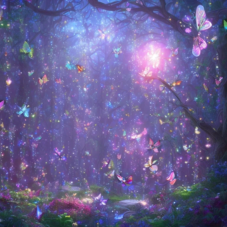 light magical forest with sparkle and jewel butterflies and blue big flowers and pink mushrooms waterfall sky