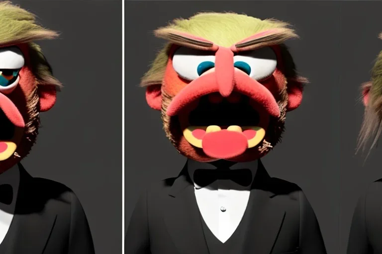 Angry muppet trump, round nose, in suit, eyebrows, spray tan mad