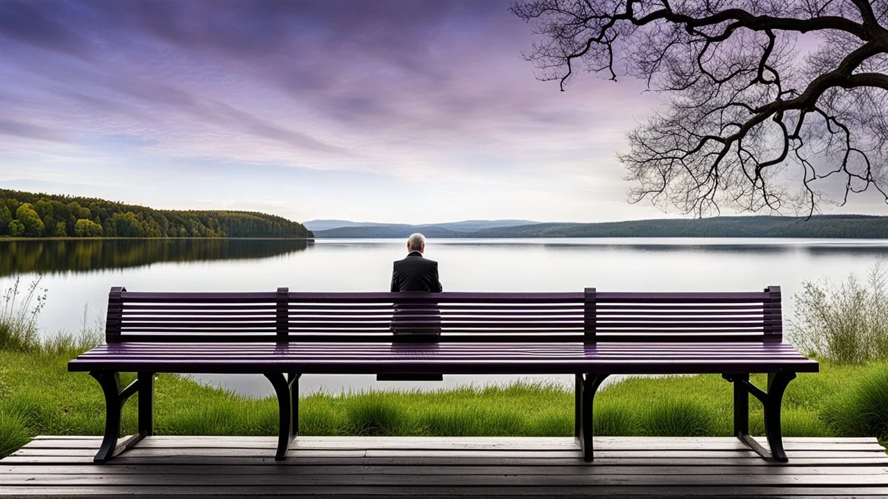 back to the camera on a old bench a figure sittings in a beautiful landscape and overlooking the water of the nearby lake, calm, harmonious atmosphere, muted dark colors, purple, white, gray, green, blue, brown, silver, and pale colors, ,not too colorful colors, Whimsical style and giant stunning neuron network all over the sky, half shadow and half light picture, surreal stunning vibe