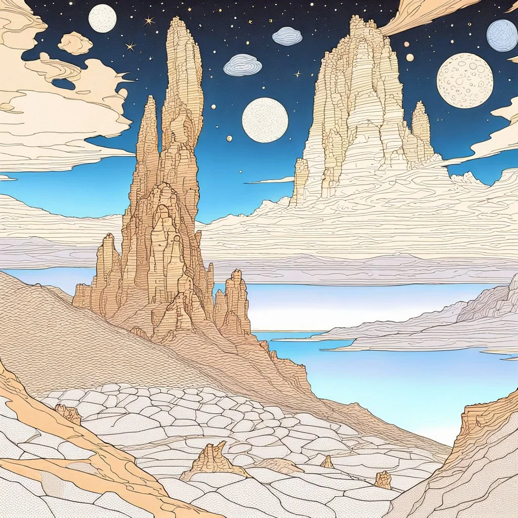 Colourful, scifi, night sky filled with galaxies and stars, Egon Schiele, rock formations with fossils, flowers, one-line drawing, sharp focus, 8k, deep 3d field, intricate, ornate