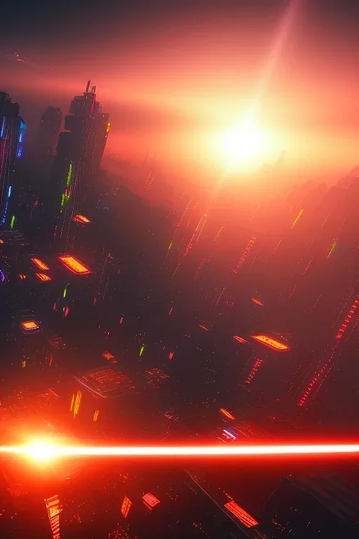 energy beam from the sky destroys a cyberpunk city, sunset, ambience, eerie, 8k, wallpaper