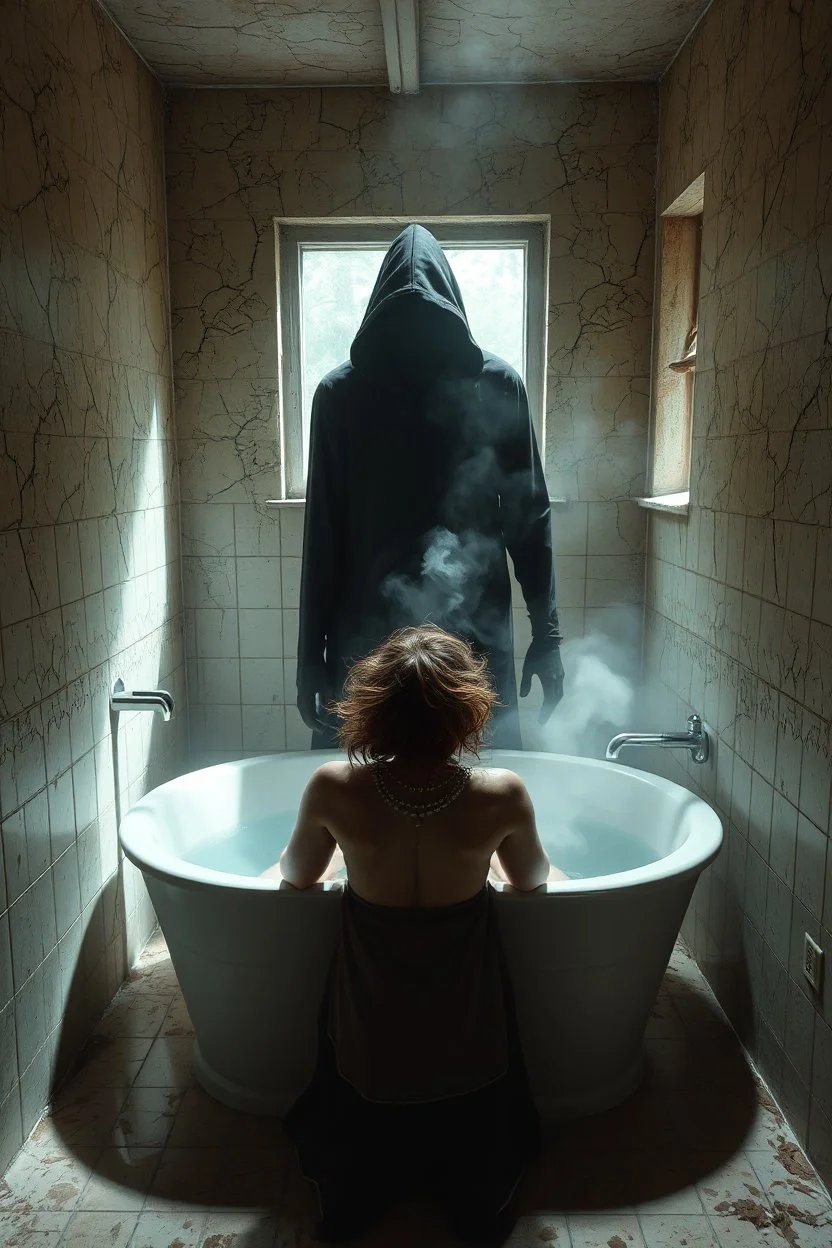 "A very old paints cracked abandoned bathroom , a woman taking a bath in a half full of water and fumes in the tub , a shadow of dark hooded creature standing in front of her and she is screaming and try to run awayinstantly detailed octane render trending on artstation, 8k artistic photography, photorealistic concept art, soft natural volumetric cinematic perfect light, chiaroscuro, award-winning photograph, masterpiece, oil on canvas, Raphael, Caravaggio, Greg Rutkowski, people, beksinski, G