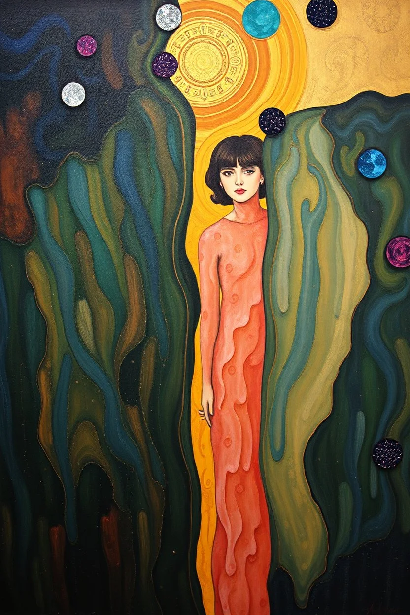 the gap between who you are now and who you are becoming; Surrealistic Gustav Klimt inspired painting.