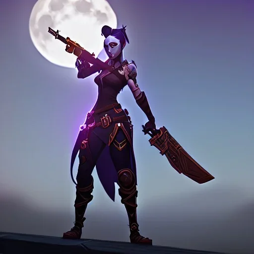 warrior lady with gun under the Moon