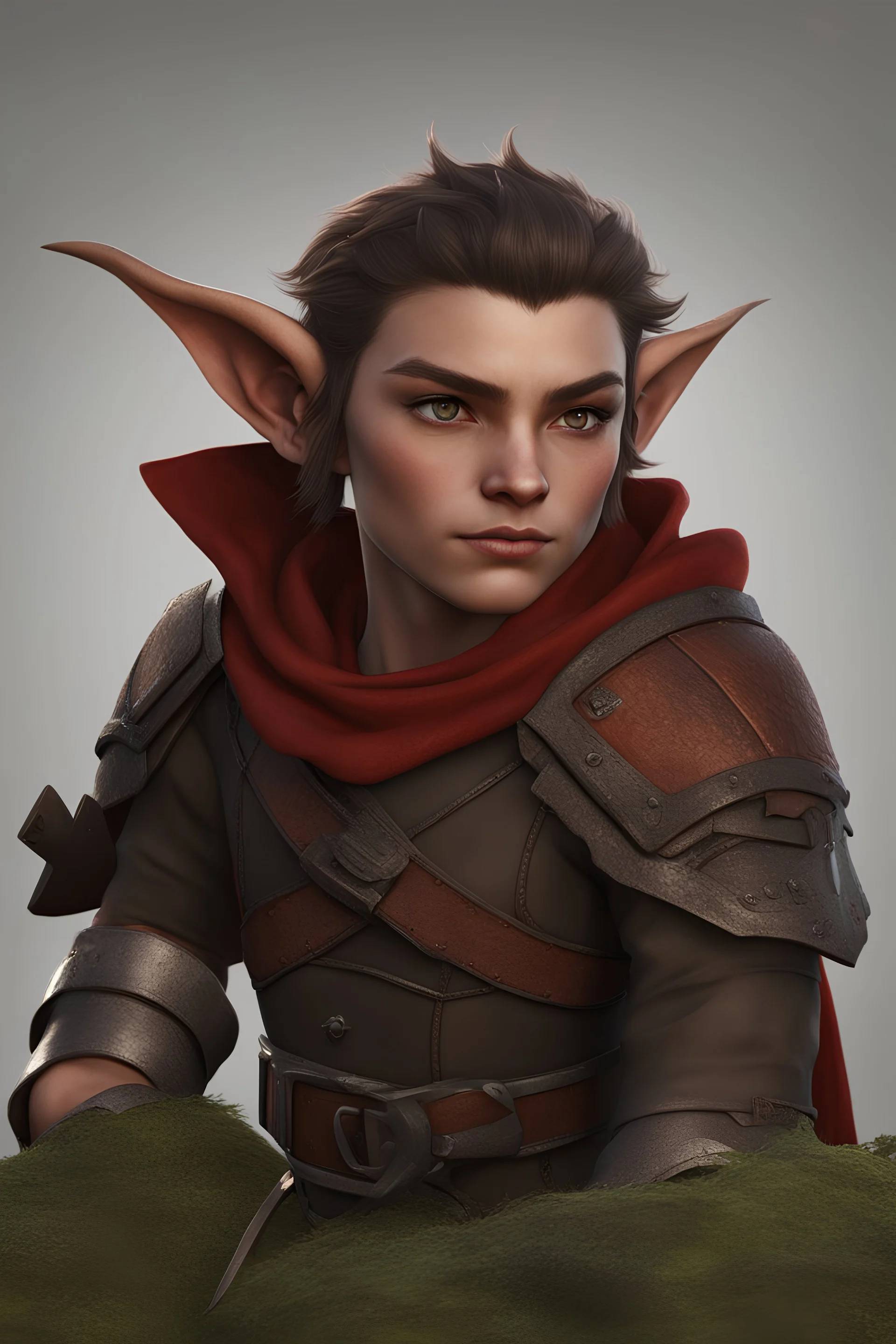dnd character art of a halfling rogue. high resolution cgi, short small horns, small delicate ears, red skin, unreal engine 6, high detail, intricate, cinematic.